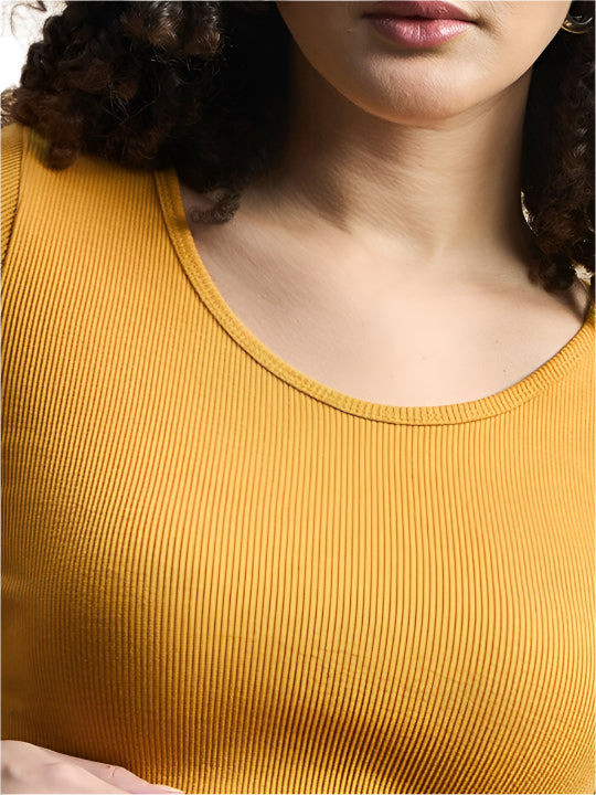 Mustard Yellow Round Neck Crop Top for Women
