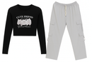 Women’s Casual Cat Print Black Crop Top & Light Grey Cargo Pants Combo | Trendy Co-ord Set for Daily Wear