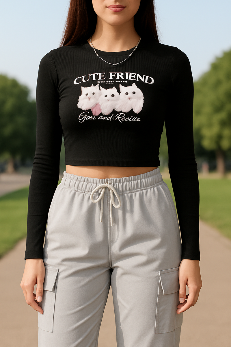 Women’s Casual Cat Print Black Crop Top & Light Grey Cargo Pants Combo | Trendy Co-ord Set for Daily Wear