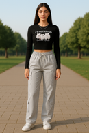 Women’s Casual Cat Print Black Crop Top & Light Grey Cargo Pants Combo | Trendy Co-ord Set for Daily Wear