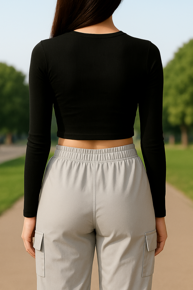 Women’s Casual Cat Print Black Crop Top & Light Grey Cargo Pants Combo | Trendy Co-ord Set for Daily Wear