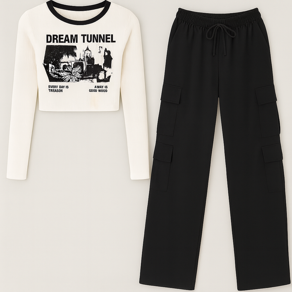 Women’s White Graphic Crop Top & Black Cargo Pants Combo | Trendy Casual Co-ord Set for Girls