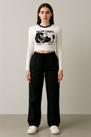 Women’s White Graphic Crop Top & Black Cargo Pants Combo | Trendy Casual Co-ord Set for Girls