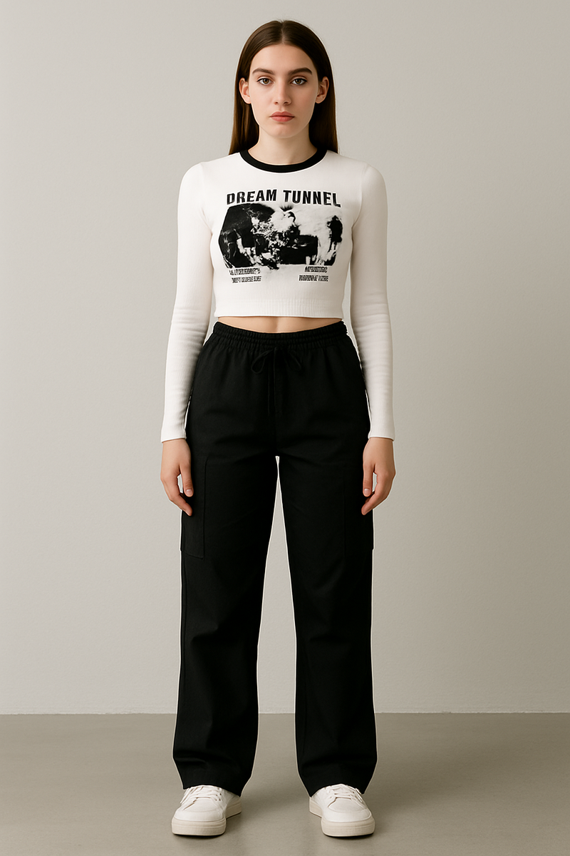 Women’s White Graphic Crop Top & Black Cargo Pants Combo | Trendy Casual Co-ord Set for Girls