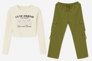 Women’s White Cat Print Crop Top & Olive Green Cargo Pants Combo | Trendy Casual Co-ord Set for Girls