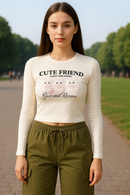 Women’s White Cat Print Crop Top & Olive Green Cargo Pants Combo | Trendy Casual Co-ord Set for Girls
