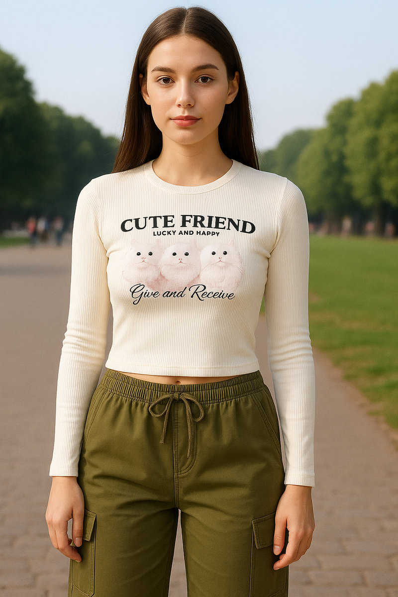 Women’s White Cat Print Crop Top & Olive Green Cargo Pants Combo | Trendy Casual Co-ord Set for Girls