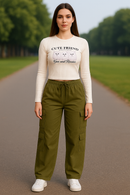 Women’s White Cat Print Crop Top & Olive Green Cargo Pants Combo | Trendy Casual Co-ord Set for Girls