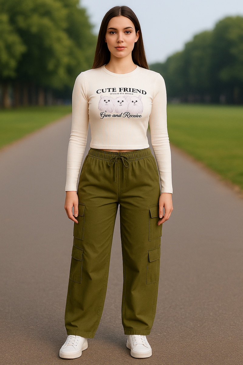 Women’s White Cat Print Crop Top & Olive Green Cargo Pants Combo | Trendy Casual Co-ord Set for Girls