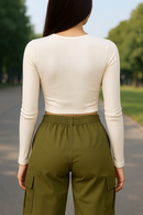 Women’s White Cat Print Crop Top & Olive Green Cargo Pants Combo | Trendy Casual Co-ord Set for Girls