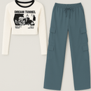 Women’s White Graphic Crop Top & Teal Blue Cargo Pants Combo | Trendy Casual Co-ord Set for Girls