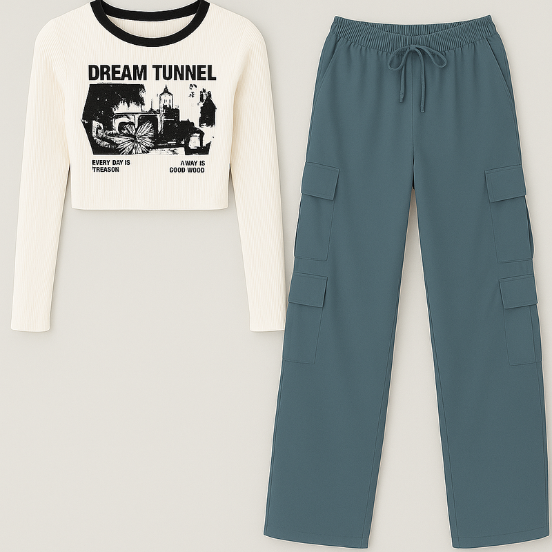 Women’s White Graphic Crop Top & Teal Blue Cargo Pants Combo | Trendy Casual Co-ord Set for Girls