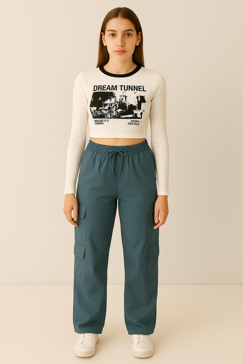 Women’s White Graphic Crop Top & Teal Blue Cargo Pants Combo | Trendy Casual Co-ord Set for Girls