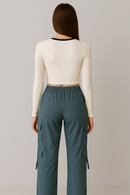 Women’s White Graphic Crop Top & Teal Blue Cargo Pants Combo | Trendy Casual Co-ord Set for Girls