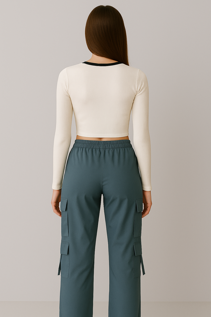 Women’s White Graphic Crop Top & Teal Blue Cargo Pants Combo | Trendy Casual Co-ord Set for Girls