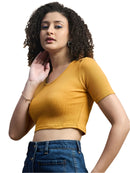 Mustard Yellow Round Neck Crop Top for Women