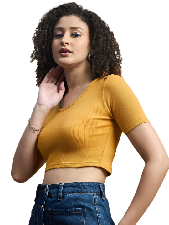 Mustard Yellow Round Neck Crop Top for Women